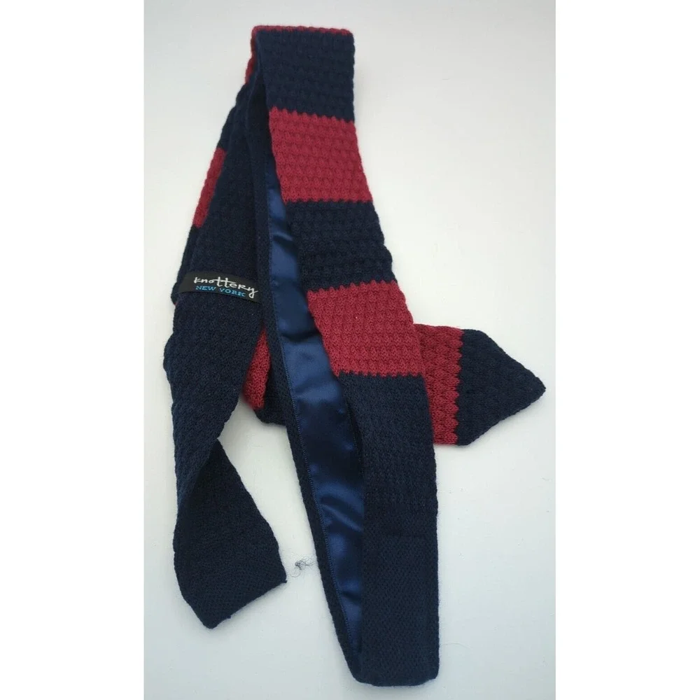 2014‎ The Knottery New York 100% Wool Necktie Striped Maroon & Navy Blue